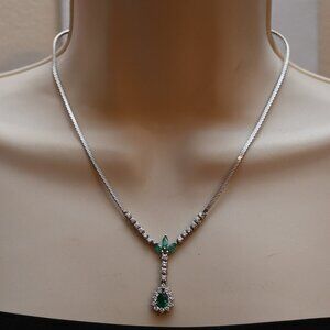 Stunning Vintage Unsigned Y Drop Necklace with Emerald Green and Clear Crystals